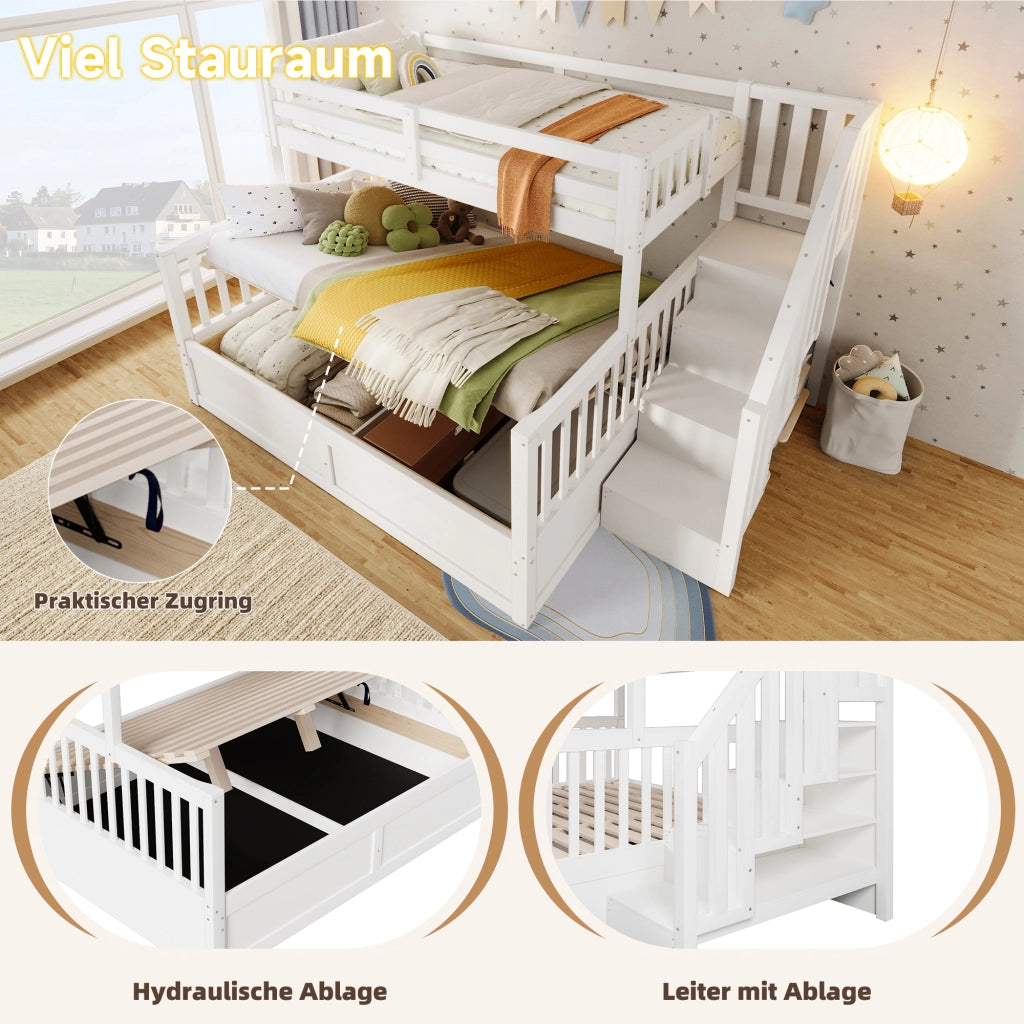 Letto a castello con vano contenitore idraulico e scala con vani in legno bianco e naturale