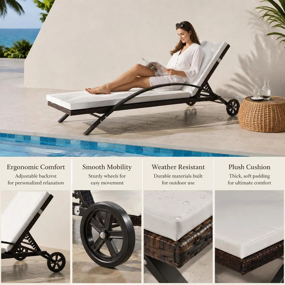 Sun Lounger With Cushion & Wheels, Poly Rattan, Brown
