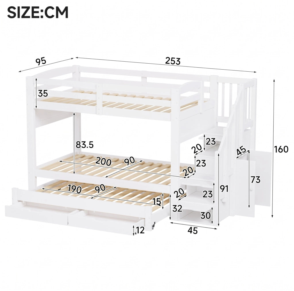 Letto a castello 90x200 cm con letto estraibile; cassetti e armadio bianco HOMVRA