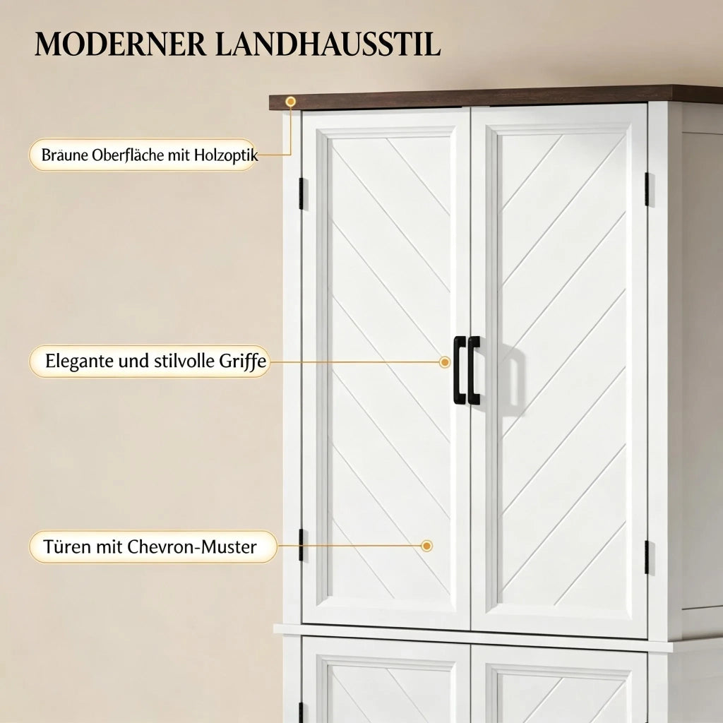 Credenza da cucina alta a 6 ripiani, con 4 ante in vetro e 4 mensole regolabili