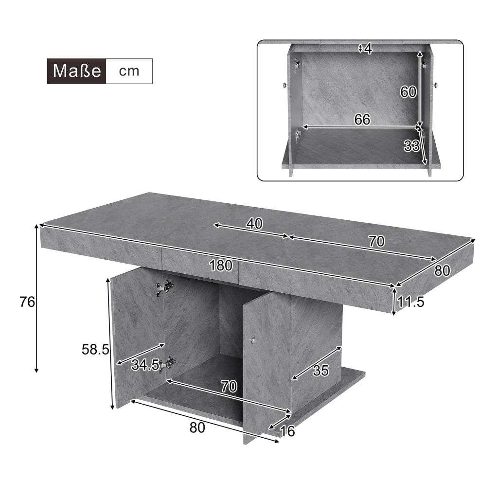 Tavolo da pranzo allungabile con vano contenitore in truciolare e metallo grigio 140/180 × 80 × 76 cm