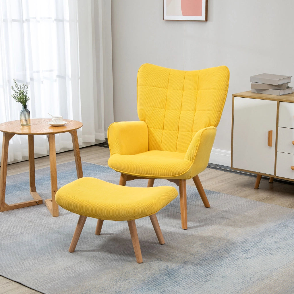 Poltrona Relax con Poggiapiedi in Tessuto e Gambe in Legno ¨C Minimal ¨C Giallo