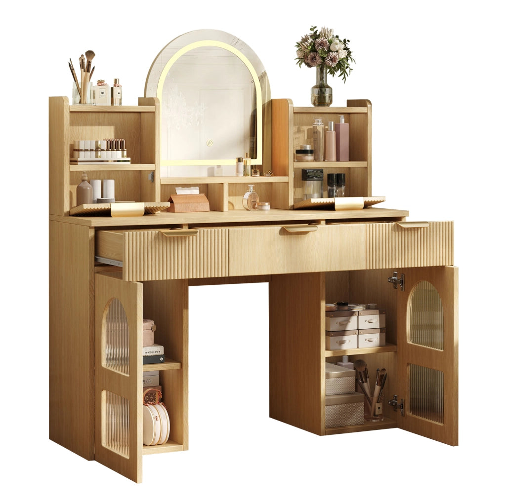 Toeletta ULEVR 120x40x139,5 cm con specchio LED dimmerabile, 3 cassetti e 2 vetrinette, naturale
