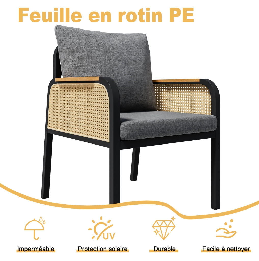 Set da Giardino Moderno con Tavolo in Plastica Legno e 6 Sedie con Struttura in Ferro e Cuscini