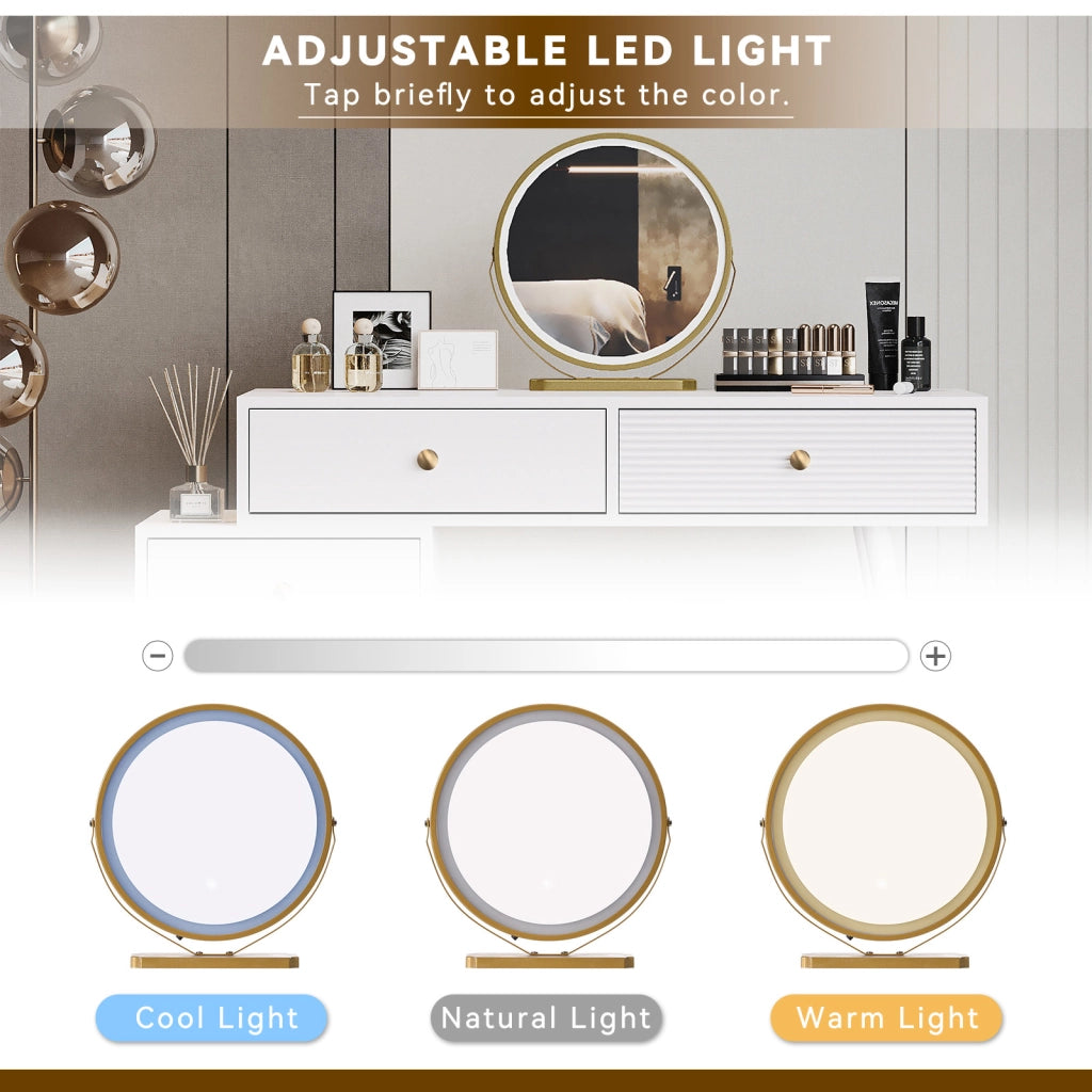Tavolo da toeletta con specchio LED tattile e mobile laterale estraibile per camera da letto, bianco, 100 × 40 × 78 cm