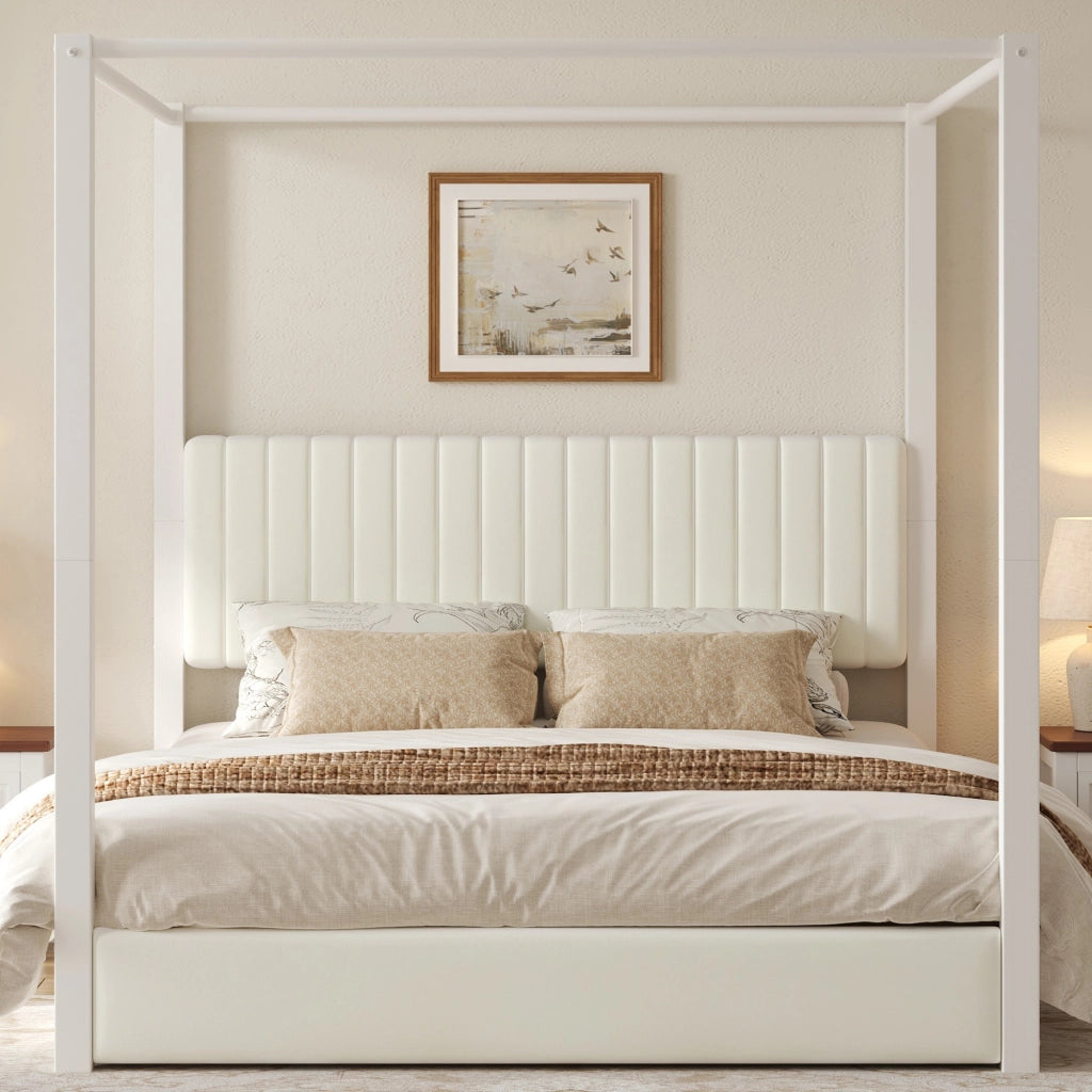 Letto matrimoniale a baldacchino 180×200 cm imbottito in velluto beige e bianco con testiera e montanti in metallo
