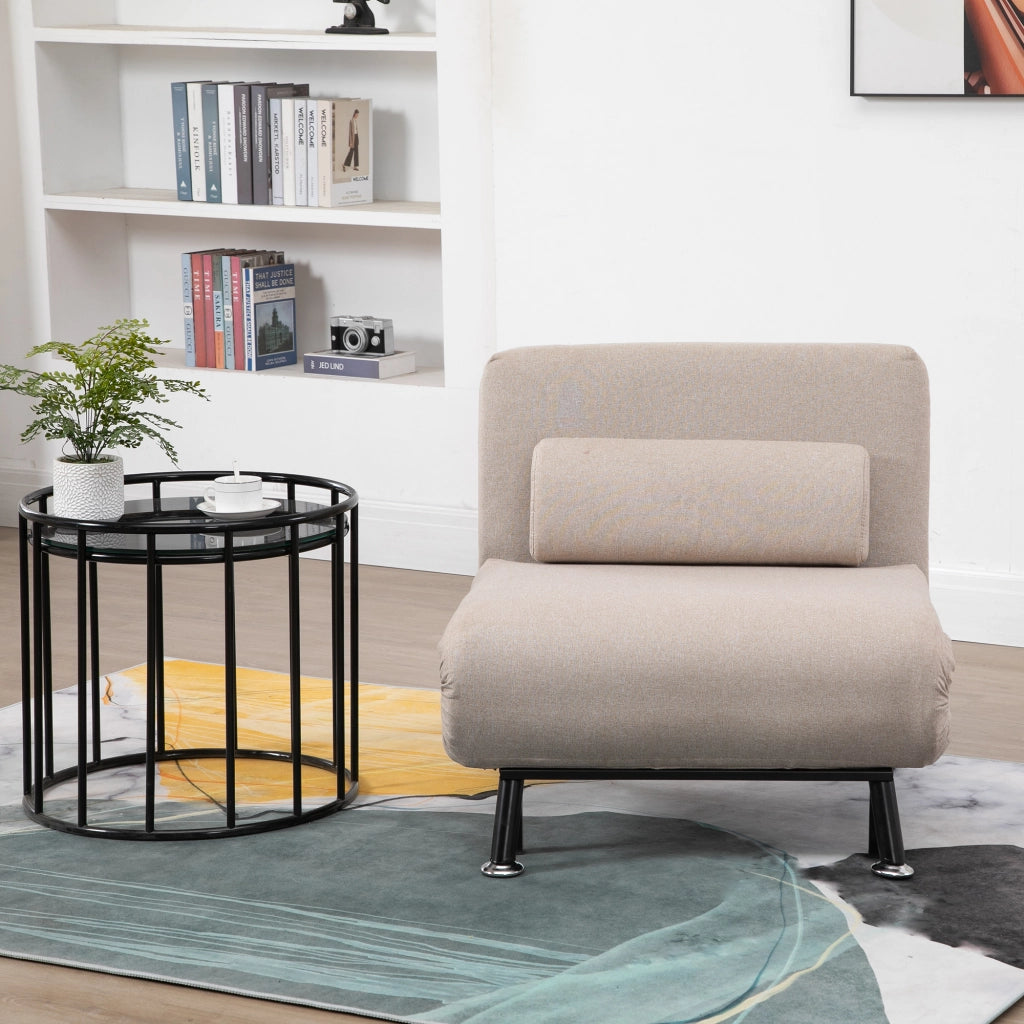 EasyComfort Poltrona Letto Singolo 3 in 1 con Schienale Reclinabile su 5 Livelli, Cuscino Imbottito e Materasso, Divano Letto Singolo Pieghevole per Soggiorno, in Acciaio, Lino, 75x70x75cm, Beige