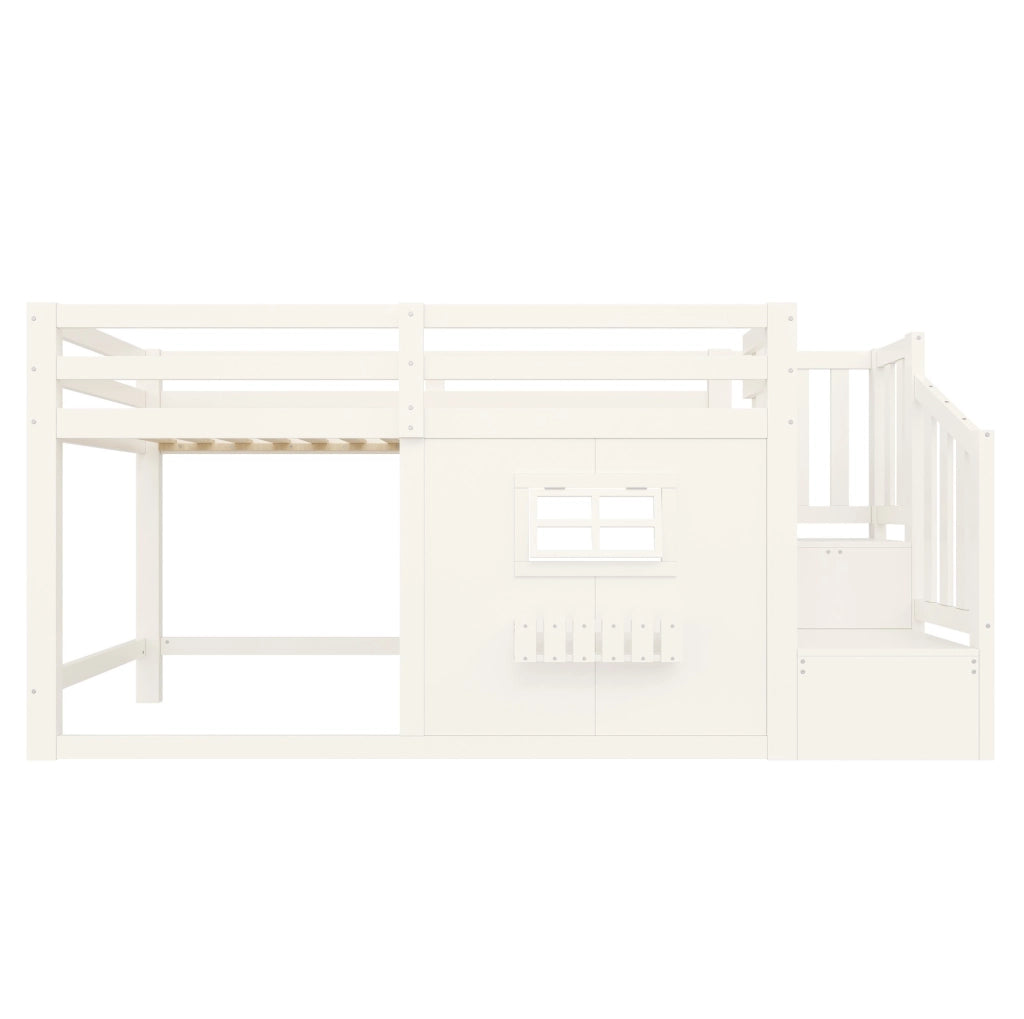 Letto a soppalco ULEVR 90x200 cm con scala contenitore, finestra e luce LED, pino e MDF bianco