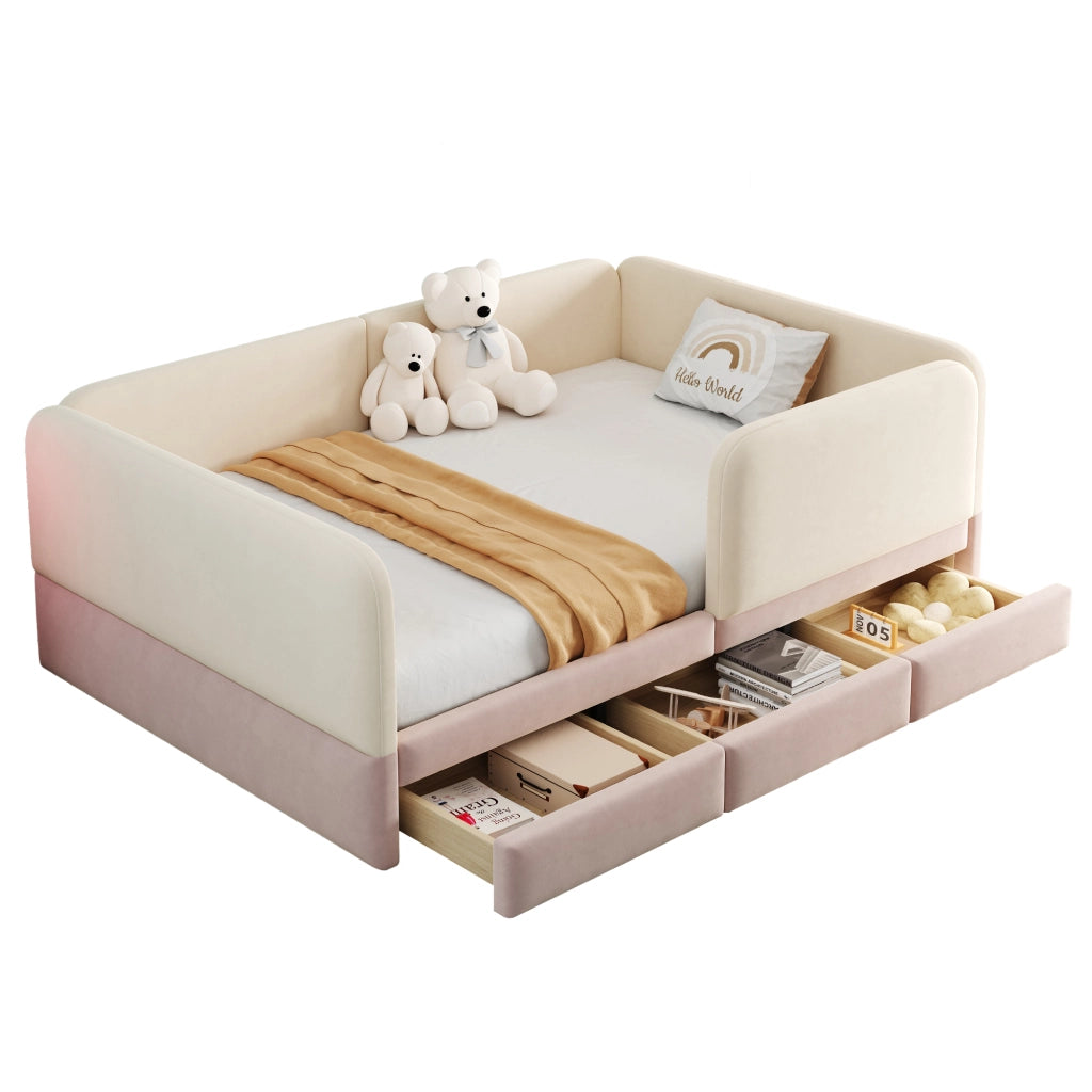 Letto con cassetti 140 × 200 cm imbottito in velluto beige e rosa con bordi arrotondati e 12 doghe