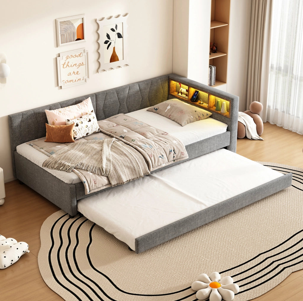 Letto daybed multifunzione 90x200 cm con letto estraibile; USB Type C; LED; grigio