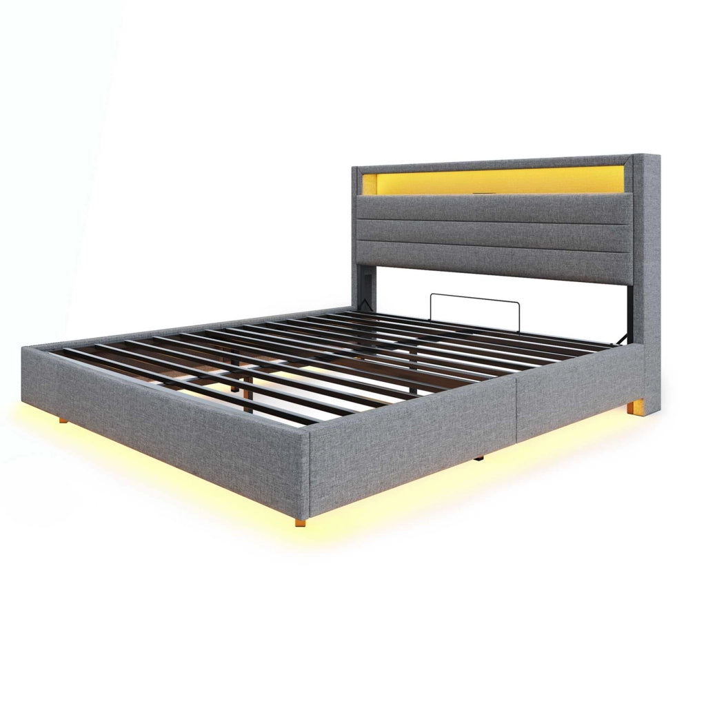Letto contenitore grigio 160x200 cm in lino; effetto sospeso; LED; USB e testiera ribaltabile; senza materasso
