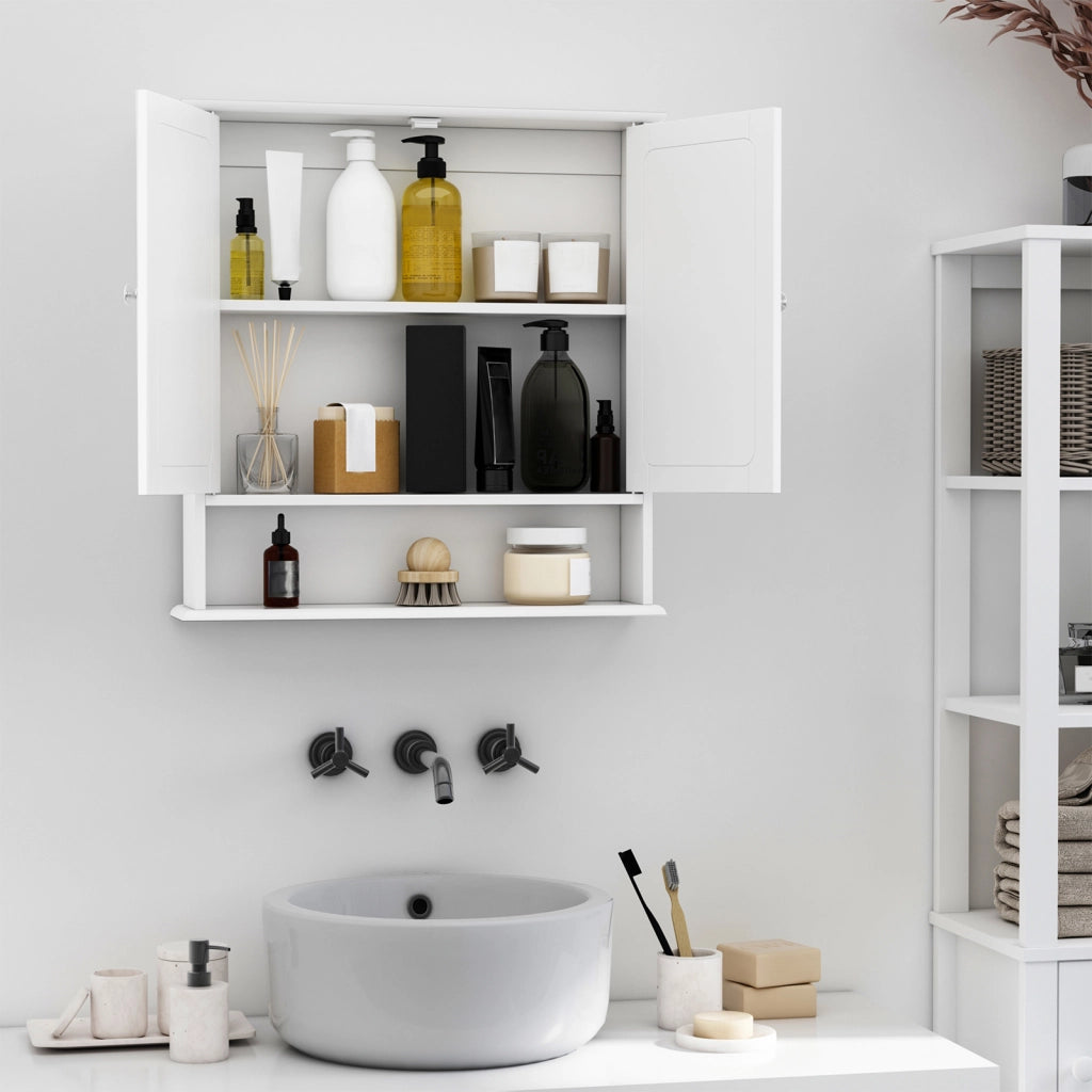 Specchio Bagno Contenitore con Ante e Ripiani Regolabili, Specchiera Bagno in Vetro, Mobiletto Armadietto a Muro con Specchio, 56x13x58cm, Bianco