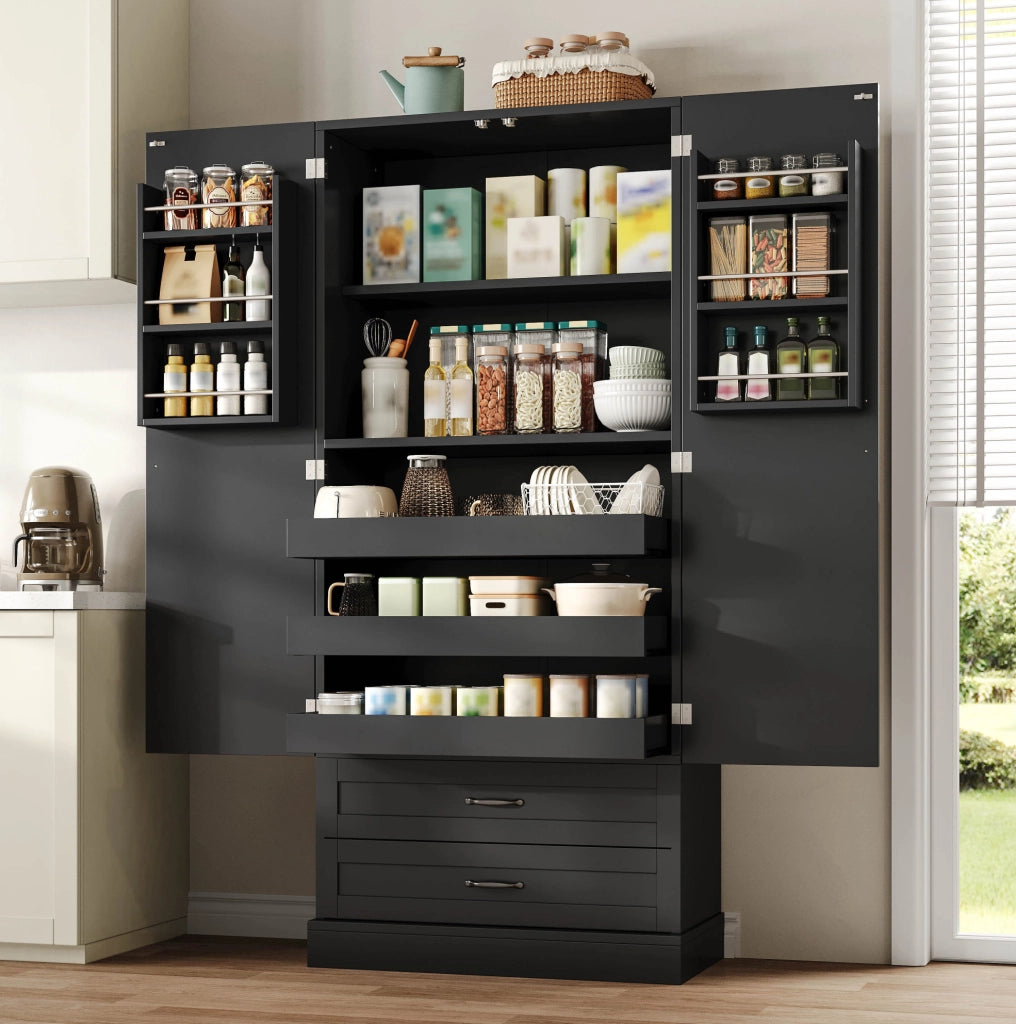 Mobile da cucina alta in MDF con 3 ripiani estraibili, 2 cassetti e ante con scaffali, 80x37,5x180 cm