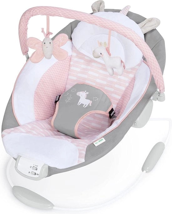 Wip musicale per bambini con regolazione del volume, seduta oscillante per neonati, seduta per bambini con cuscino imbottito, cintura di sicurezza, piedi antiscivolo, modello Audrey Vlinder e unicoorno.