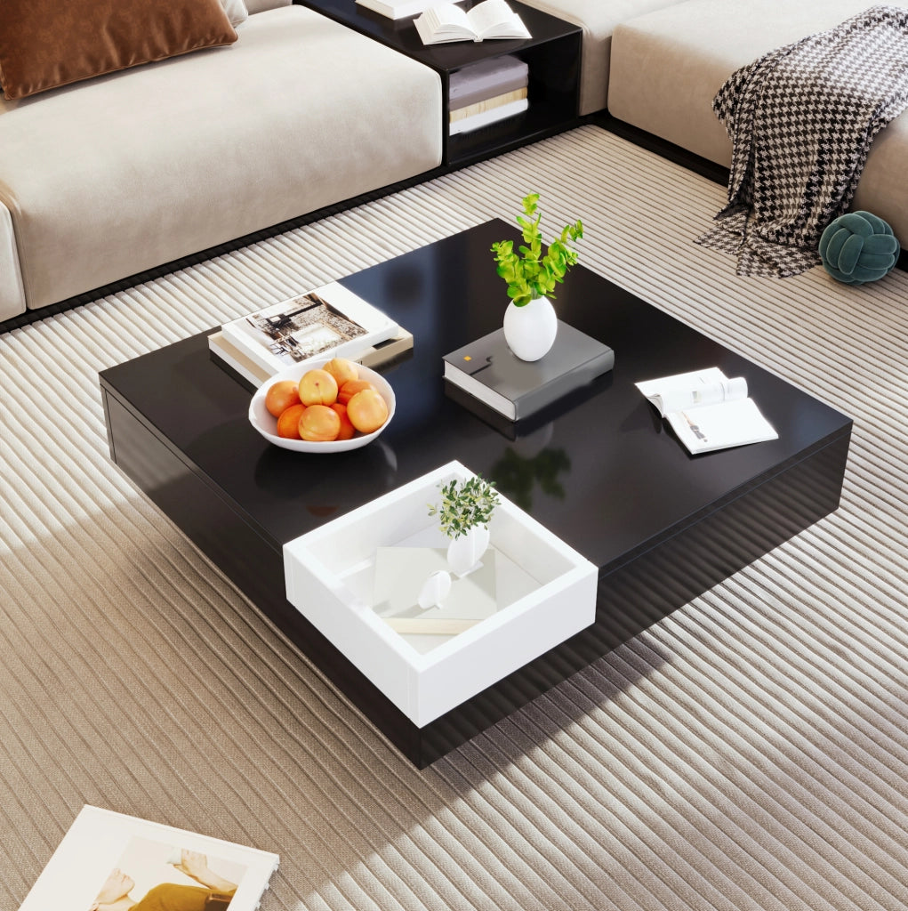 Tavolino da caffè 72x72x30 cm in truciolare nero e bianco lucido con box portaoggetti e LED
