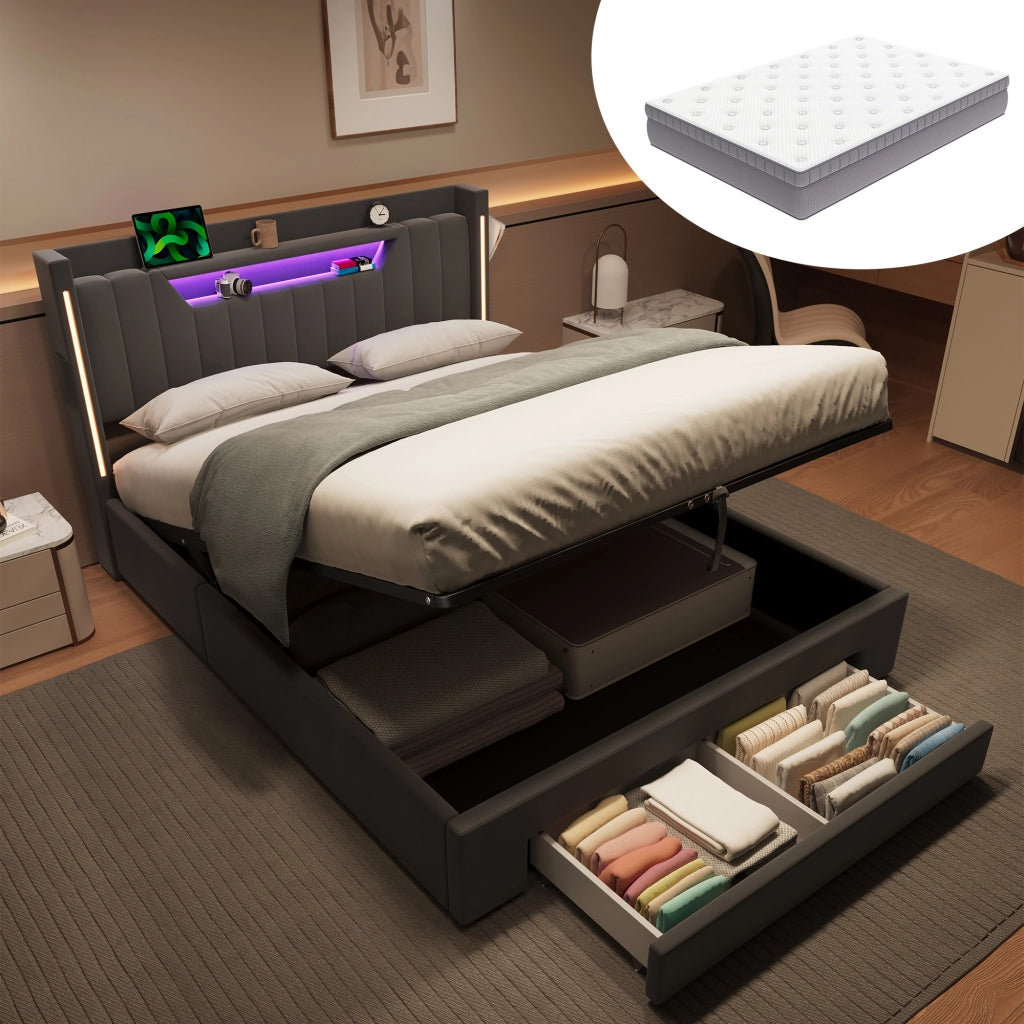 Letto matrimoniale 140x200 cm con LED e ricarica; testiera contenitore regolabile; velluto grigio scuro