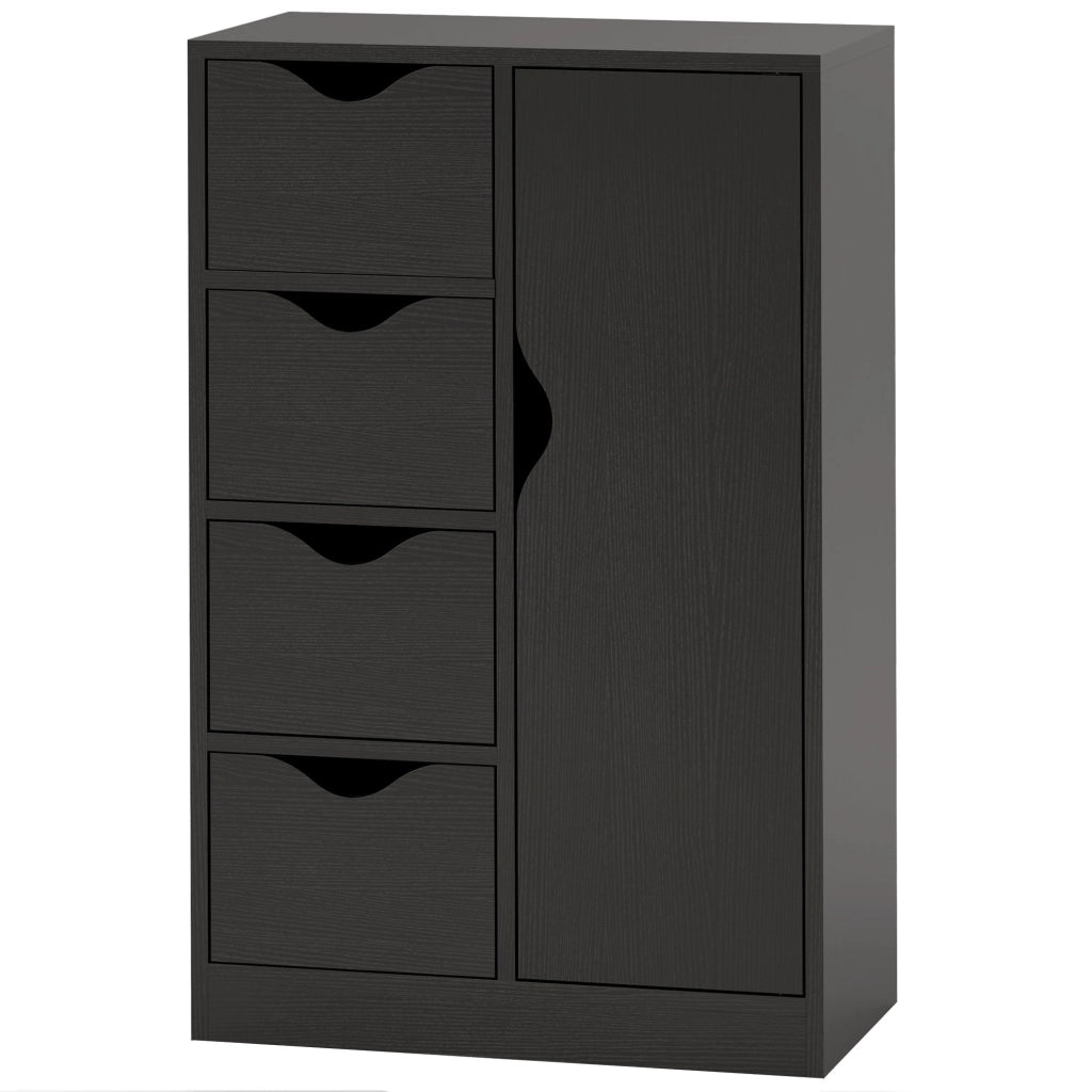 Credenza in legno con 1 anta e 4 cassetti, mobile contenitore nero salvaspazio per soggiorno e cucina, robusto