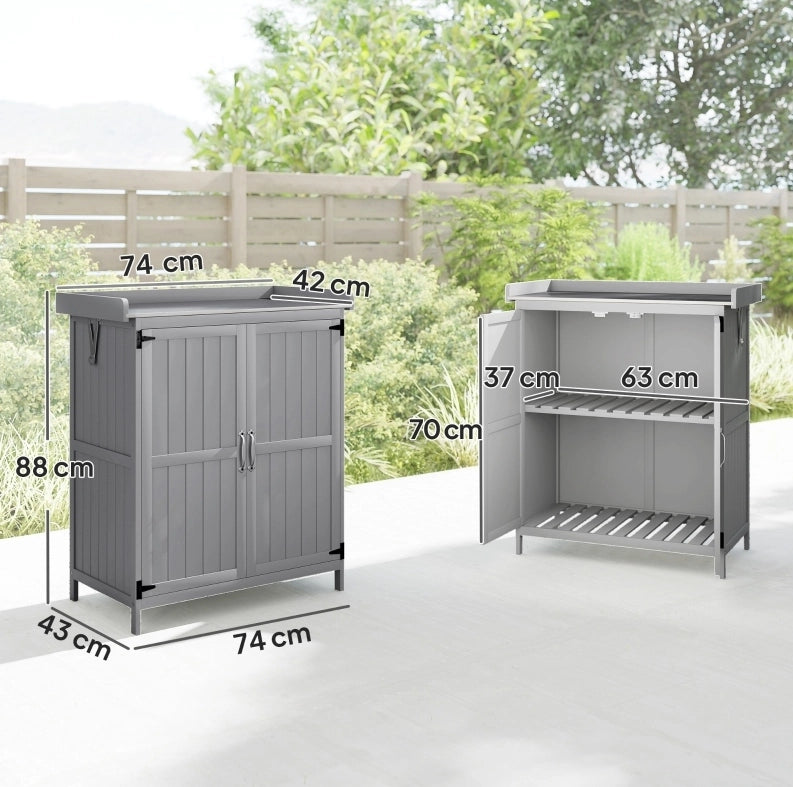 Armadio da Giardino con Piano di Lavoro in Legno e Acciaio, Doppie Porte, Grigio, 74x43x88 cm