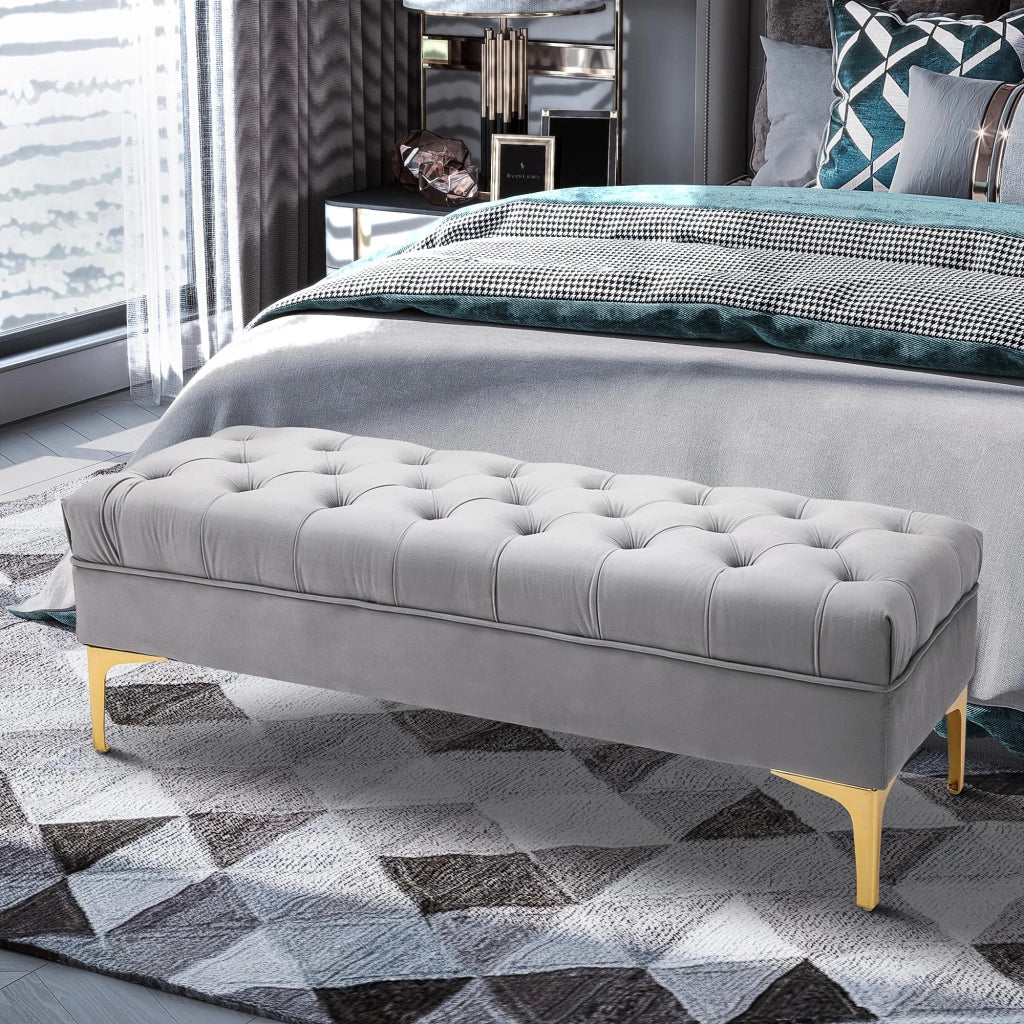 Panca imbottita capitonn¨¦ velluto grigio chiaro ¨C Xylo ¨C 118x45x42 cm piedi metallo dorato