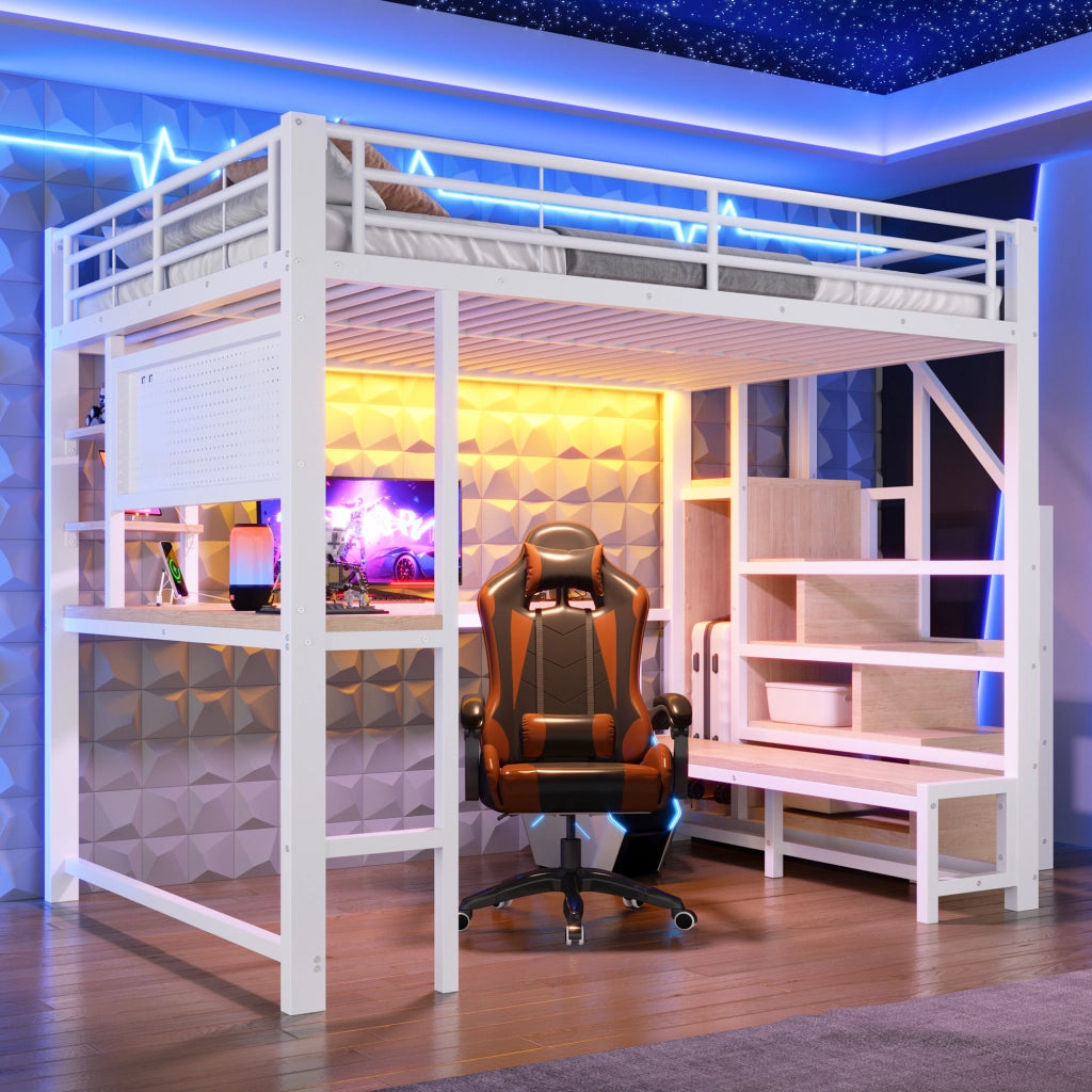 Letto a soppalco 140 × 200 cm con scrivania, scala contenitore, mensole, LED e porte USB e USB-C in metallo e MDF