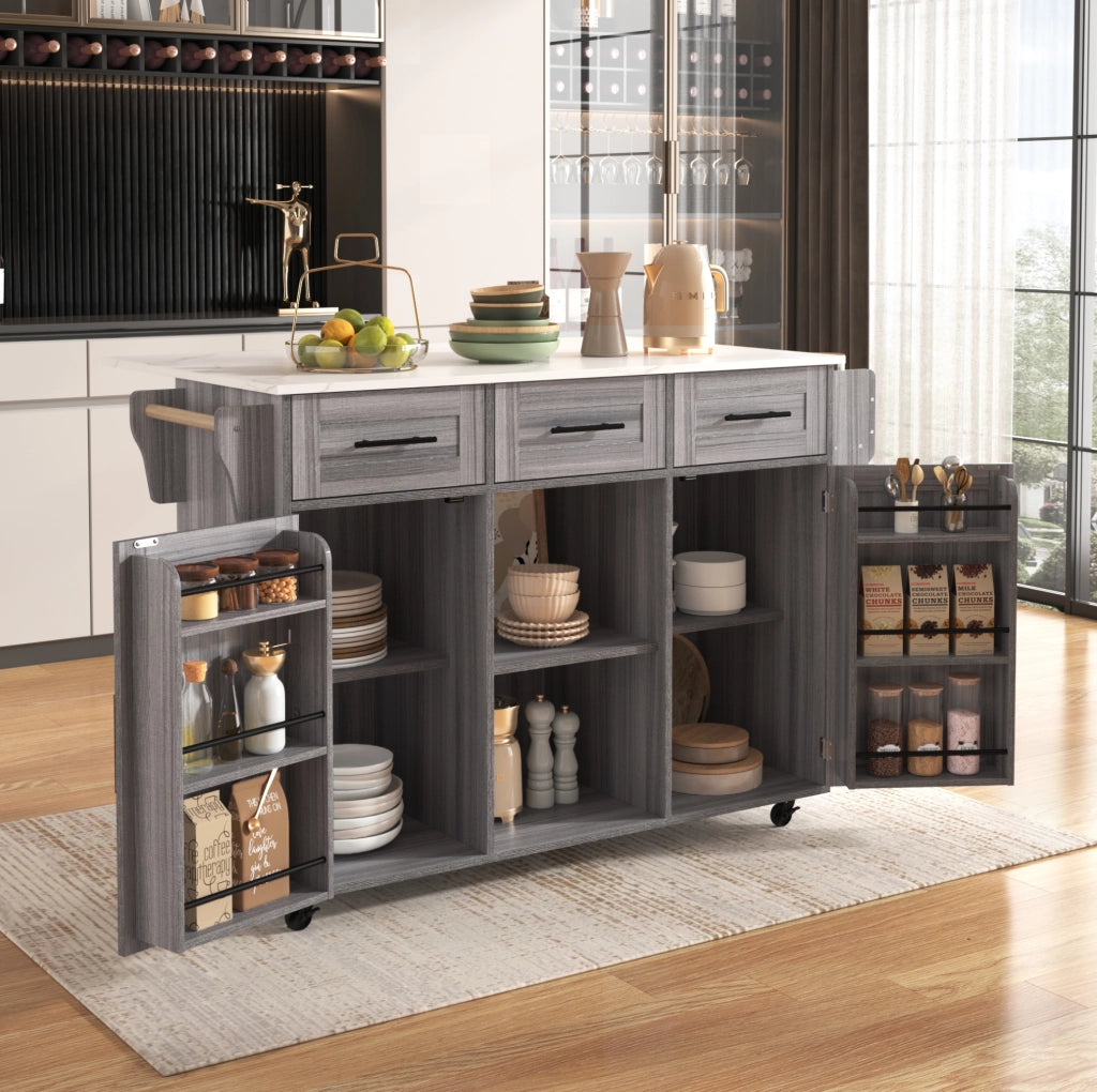 Carrello cucina multifunzione 139x46(71)x91,5 cm con ripiani interni, piano pieghevole e finitura effetto legno grigio e marmo bianco