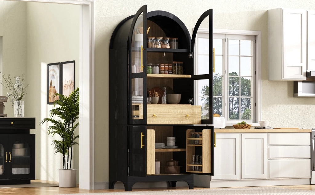 Highboard nero con ripiani regolabili, cassetto e ante in vetro rigato, ampio spazio contenitore per cucina, sala da pranzo e soggiorno