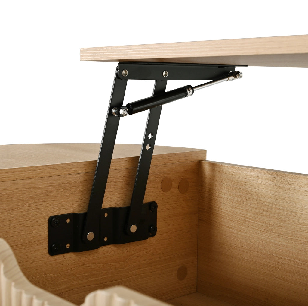 Tavolino da salotto ovale con piano a sollevamento idraulico, MDF e piedi in legno di gomma, ante scorrevoli con motivo rigato