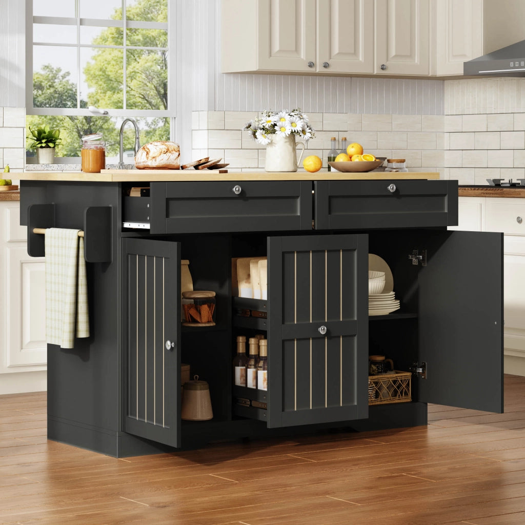 Isola da cucina, piano ribaltabile, con armadietti, rotelle, 2 cassetti, finitura effetto legno, nero