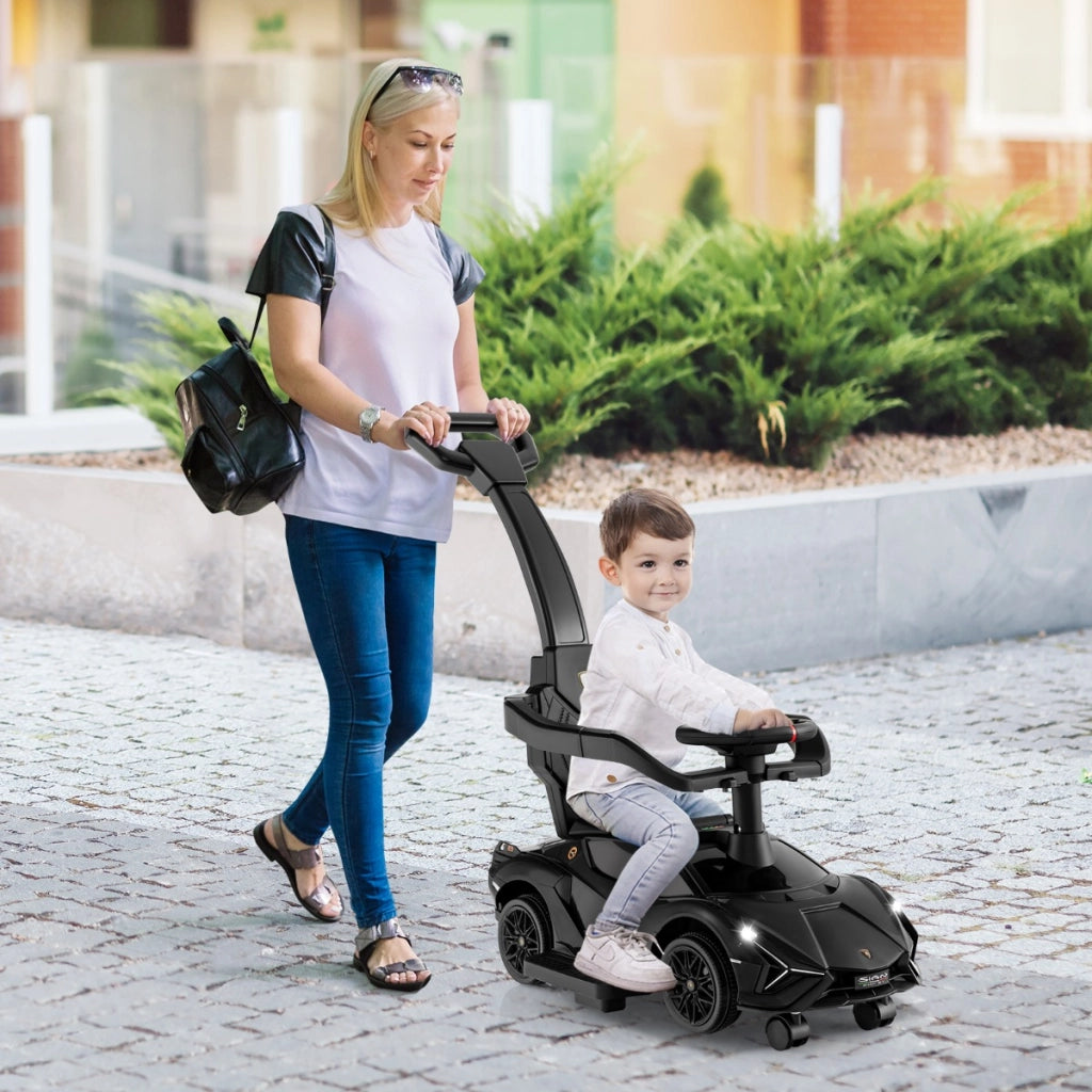 Auto da spinta 3-in-1 con paracolpi e manubrio rimovibili musica e spazio di stoccaggio nascosto, Auto scorrevole Nero