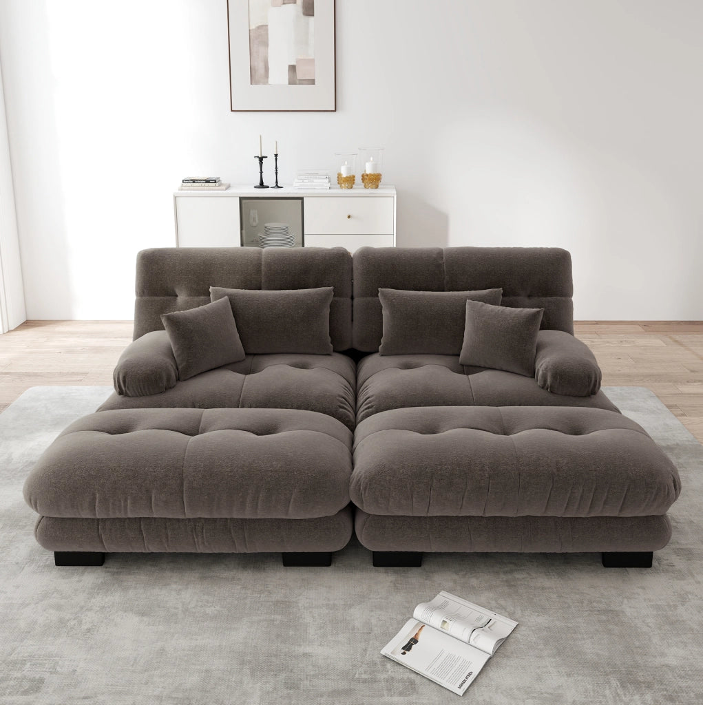 Divano angolare Cloud in chenille vintage marrone con braccioli imbottiti e 2 pouf