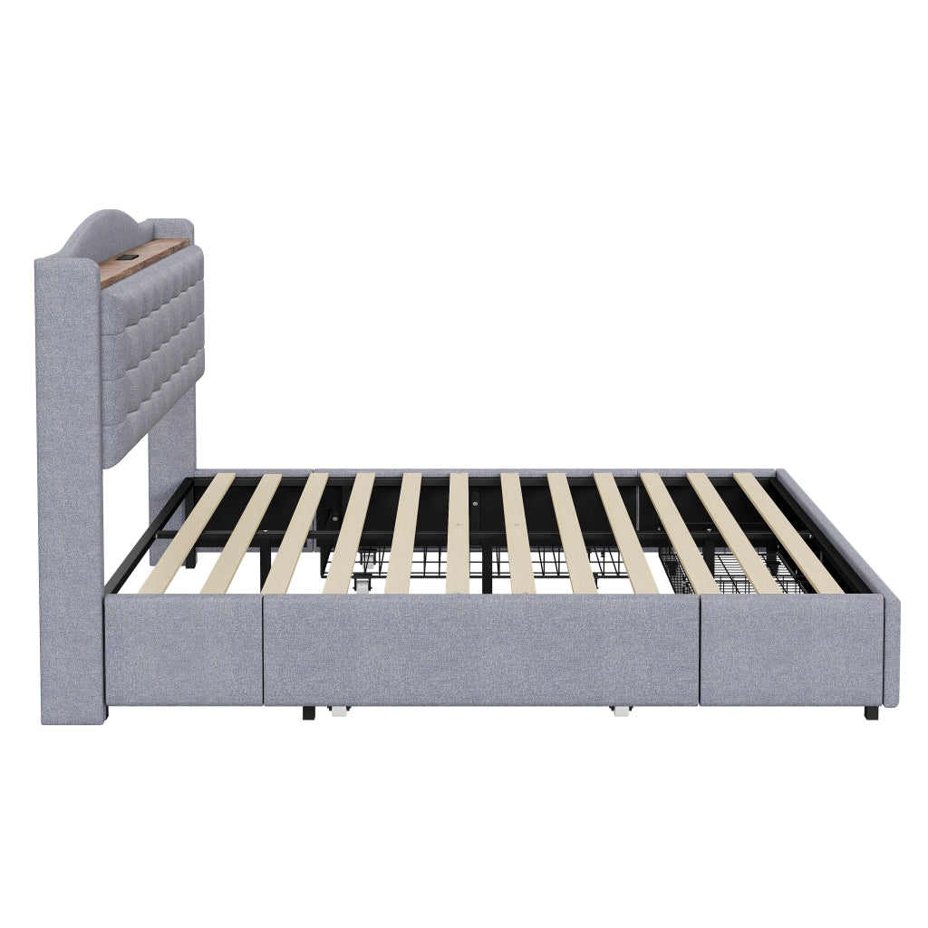 Letto con cassetti matrimoniale 160×200 cm con USB; ripiano e 4 cassetti; senza materasso; grigio