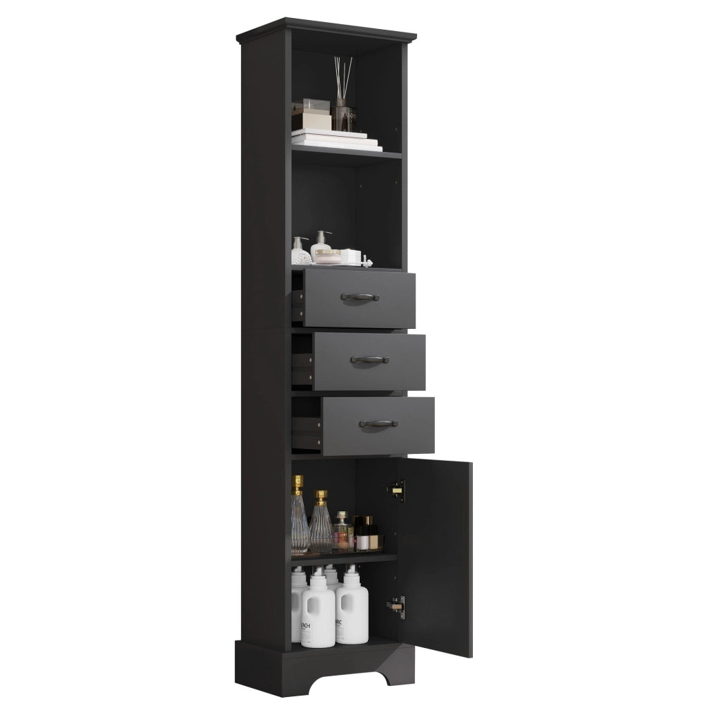 Mobile bagno nero da 38x26x172,5 cm in MDF con 3 cassetti, ripiani regolabili e anta, verniciato per resistenza all'umidità