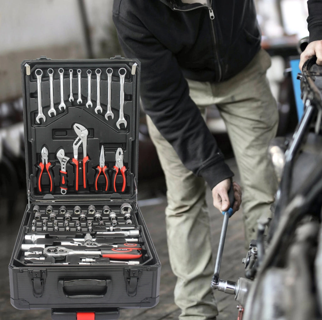 Set da Lavoro 899 Pezzi con Valigetta su Ruote e 4 Cassetti, Utensili per Uso Domestico e Giardinaggio, Nero