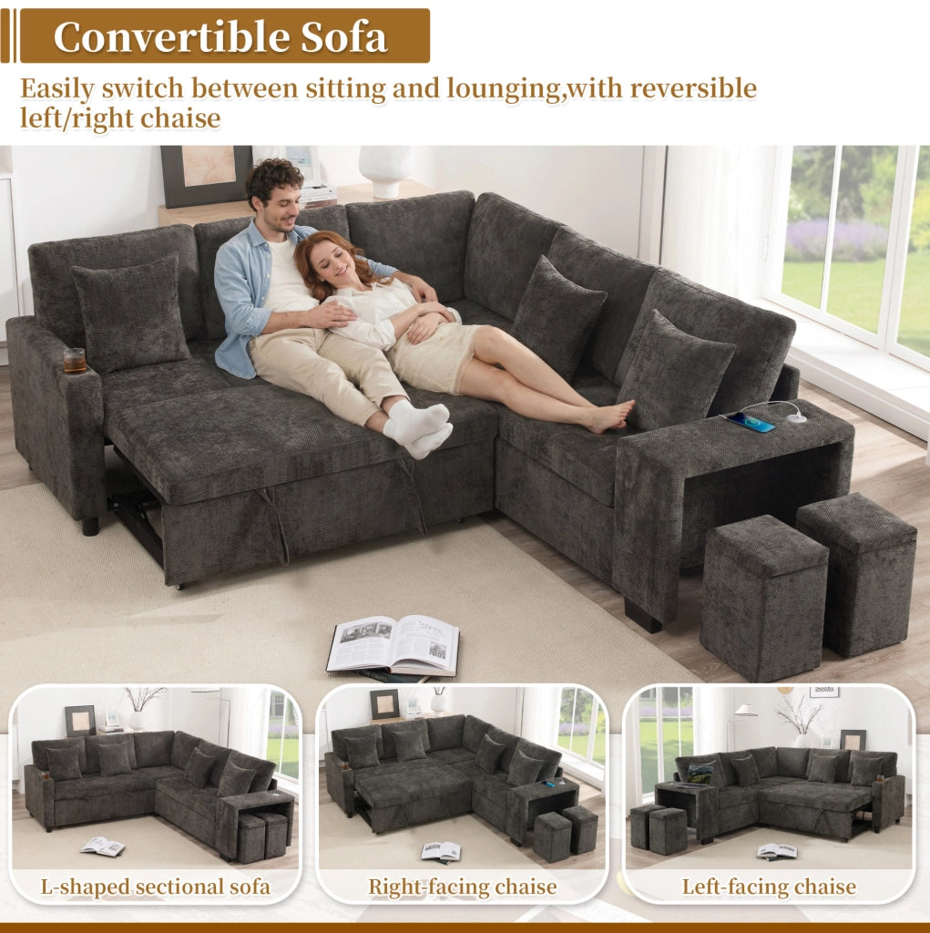 Divano angolare letto L, 5 posti con pouf contenitore, tessuto chenille grigio, USB e USB-C, braccioli larghi, con cuscini inclusi