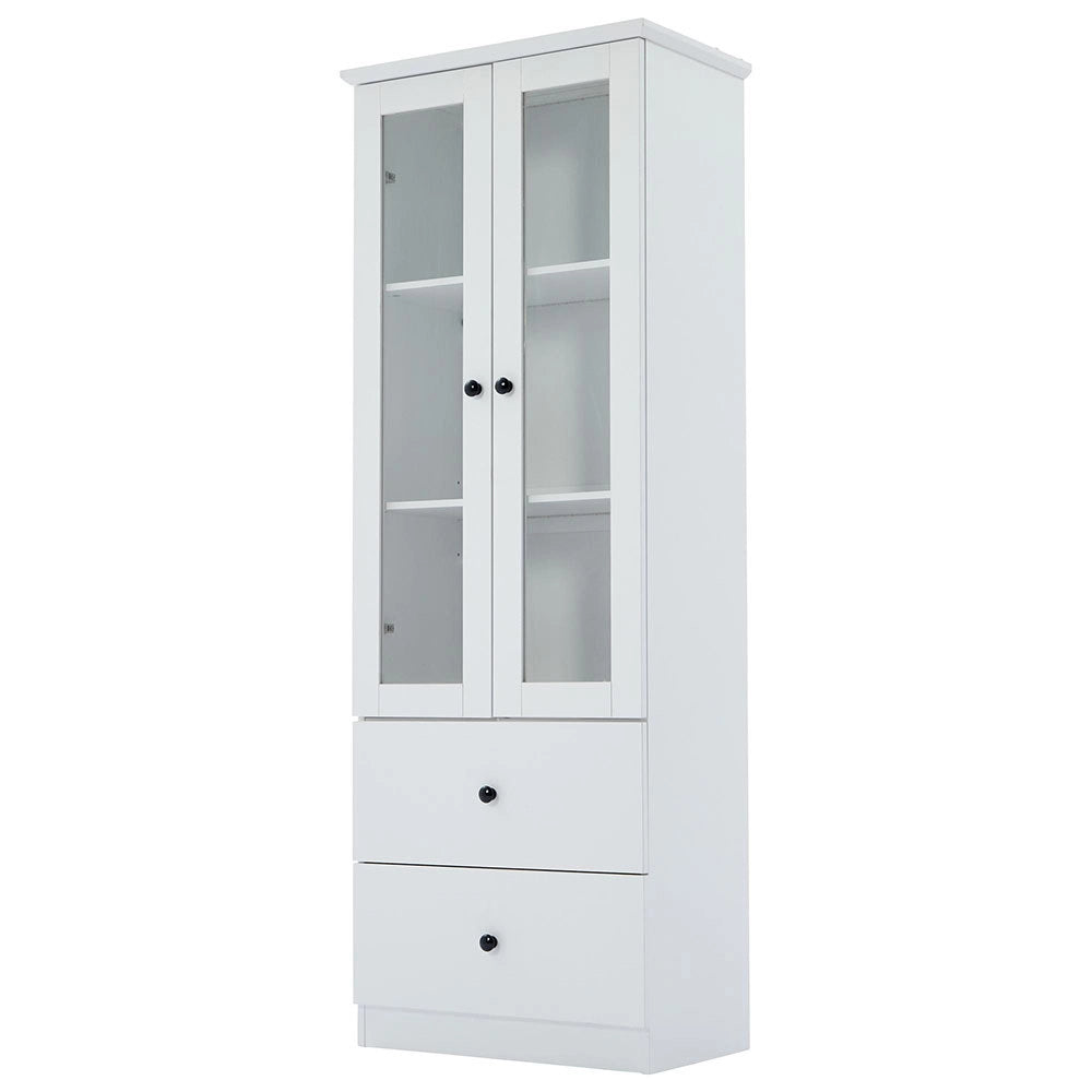 Vetrina moderna LED - Xylo - 165 cm - Bianco opaco - USB, telecomando 16 colori, vetro, 2 cassetti, ripiani regolabili, ante battenti