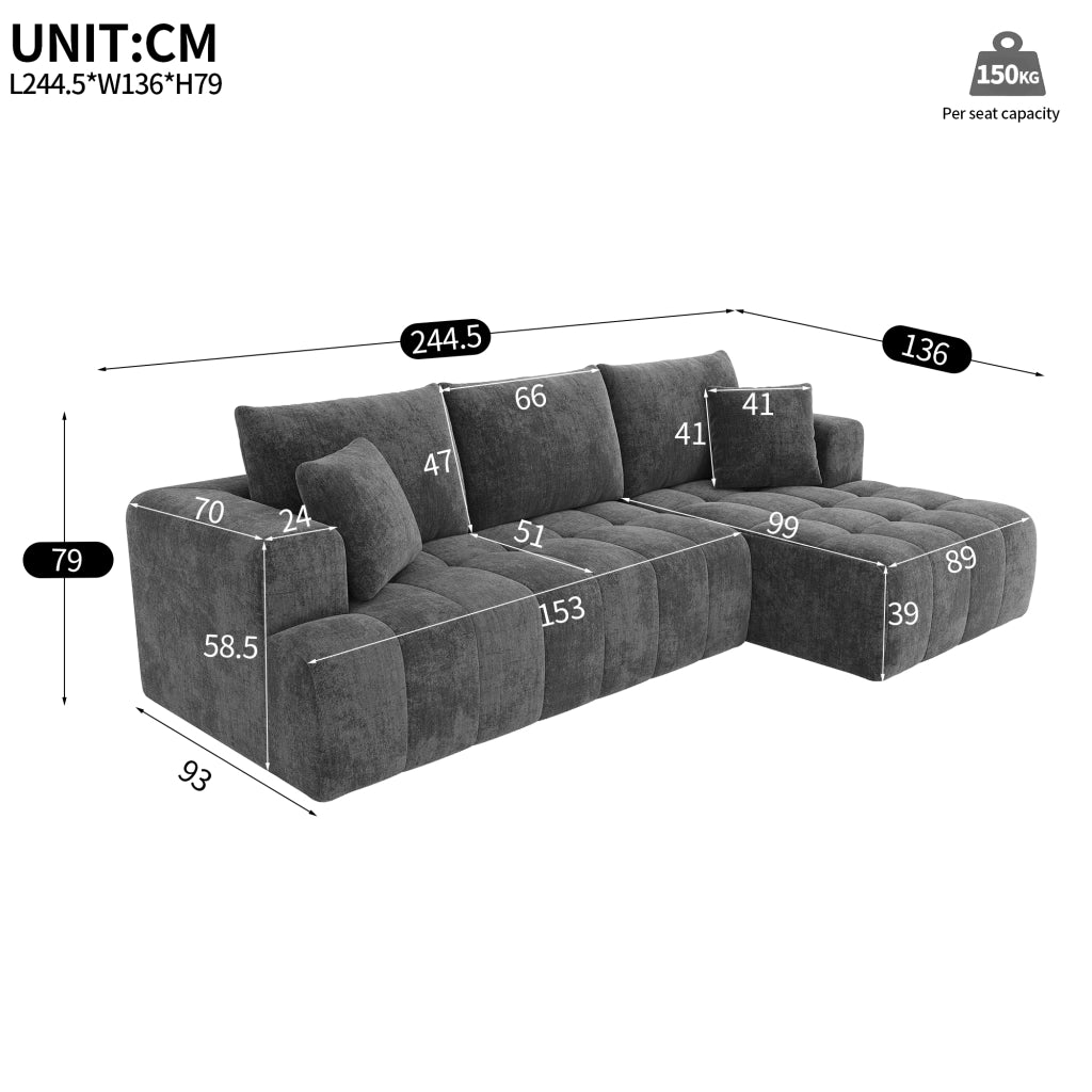 Divano angolare modulare a L in chenille grigio; 244;5x136x79 cm; senza montaggio