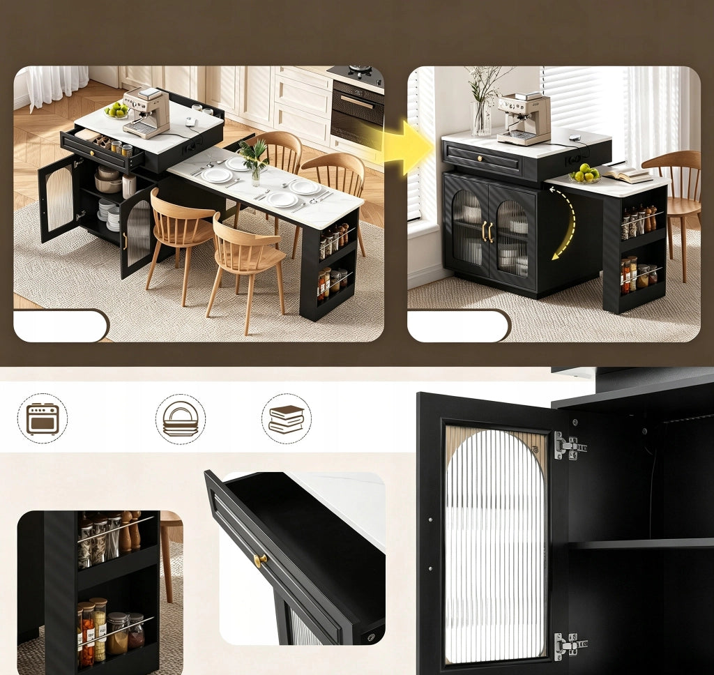 Isola Cucina Mobile con Ruote 128-200x71x92 cm; Tavolo Estensibile con LED; Prese Elettriche; Vetrine e Cassetto; Nero