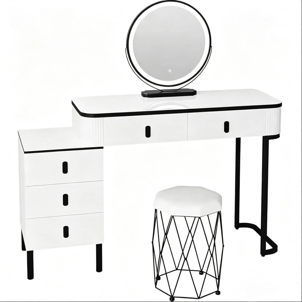 Toeletta ULEVR 125x40x100 cm con specchio LED dimmerabile, 5 cassetti e sgabello in velluto, bianco e nero