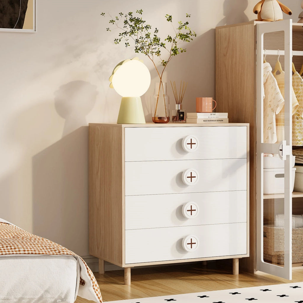 COMODINO 4 cassetti 80x54x90 cm MDF Naturale e Bianco