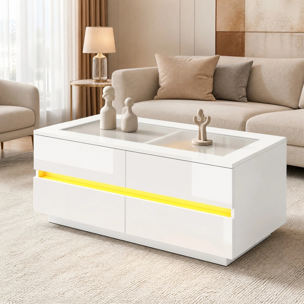 Tavolino da caffè moderno bianco 100x50x40 cm con 4 cassetti; LED; vetro temperato