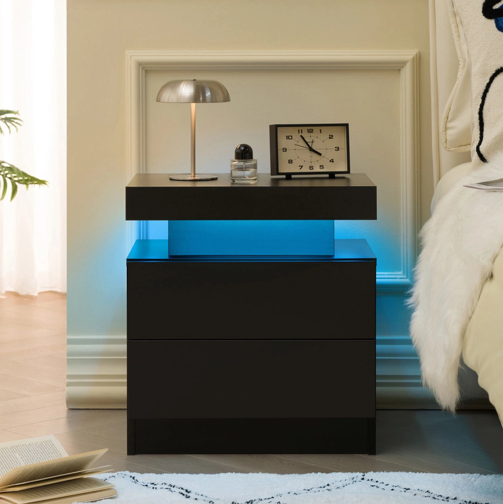Comodino moderno con LED multicolore; 2 cassetti e vano aperto in legno ingegnerizzato nero
