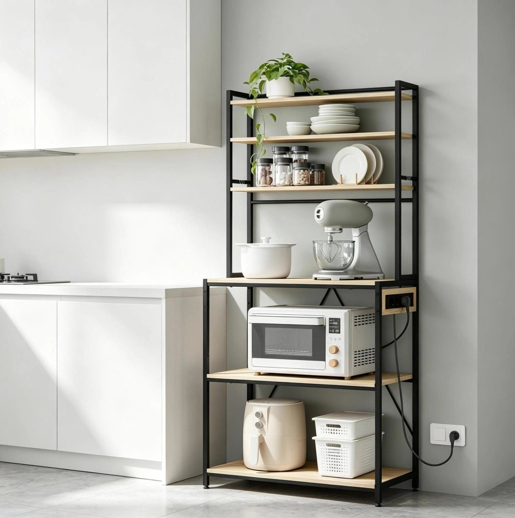 Scaffale da cucina con prese, 6 ripiani e ganci, rovere chiaro