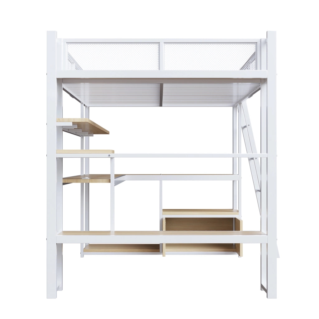 Letto a soppalco 140 × 200 cm con scrivania; LED; stazione di ricarica; scaffali e armadio in metallo e MDF bianco