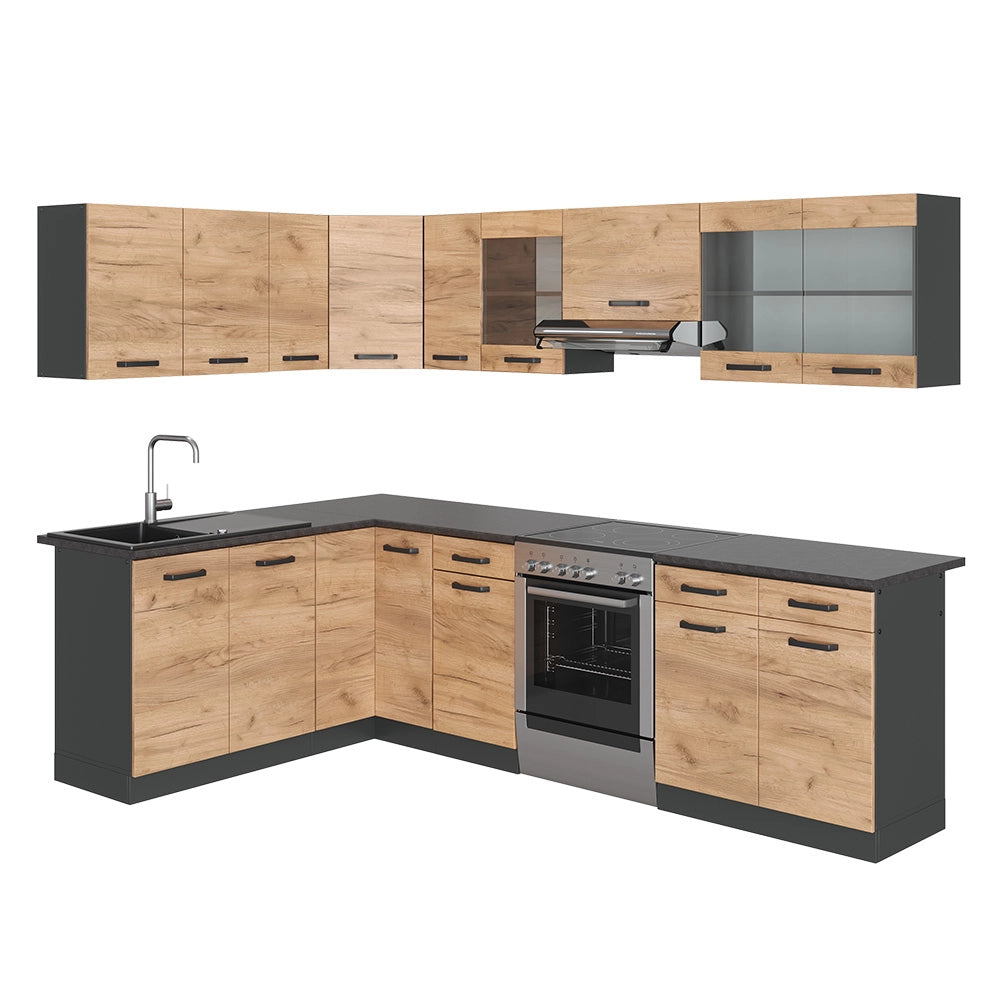 Cucina ad angolo R-Line Rovere dorato/Antracite 267 x 167 cm, PL Fantasia nera Vicco