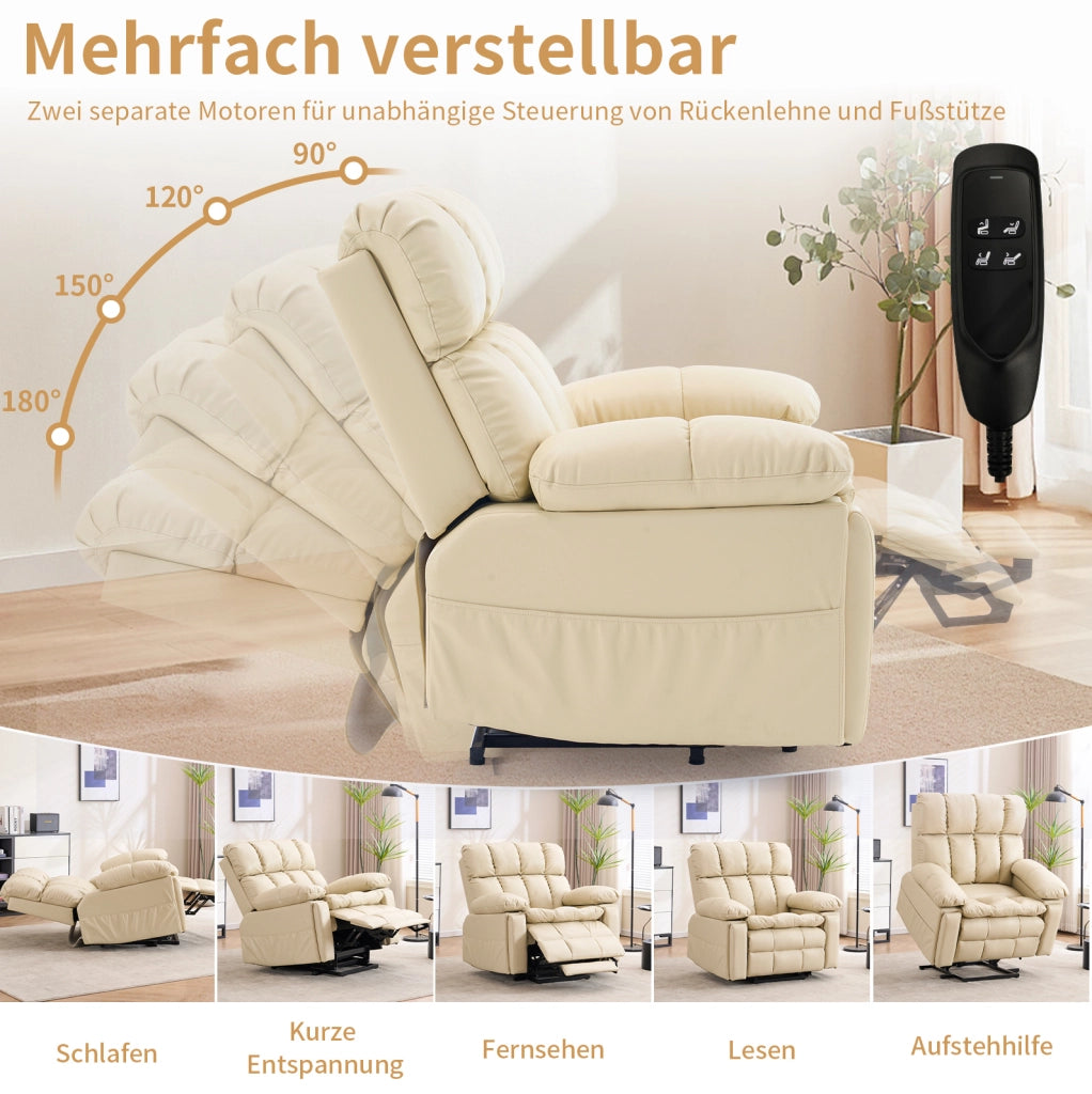 Poltrona Relax Elettrica con Doppio Motore, Funzione Alzapersone, Massaggio e Riscaldamento, Tessuto Crema, Poggiatesta Regolabile e Porta Bicchiere Integrato
