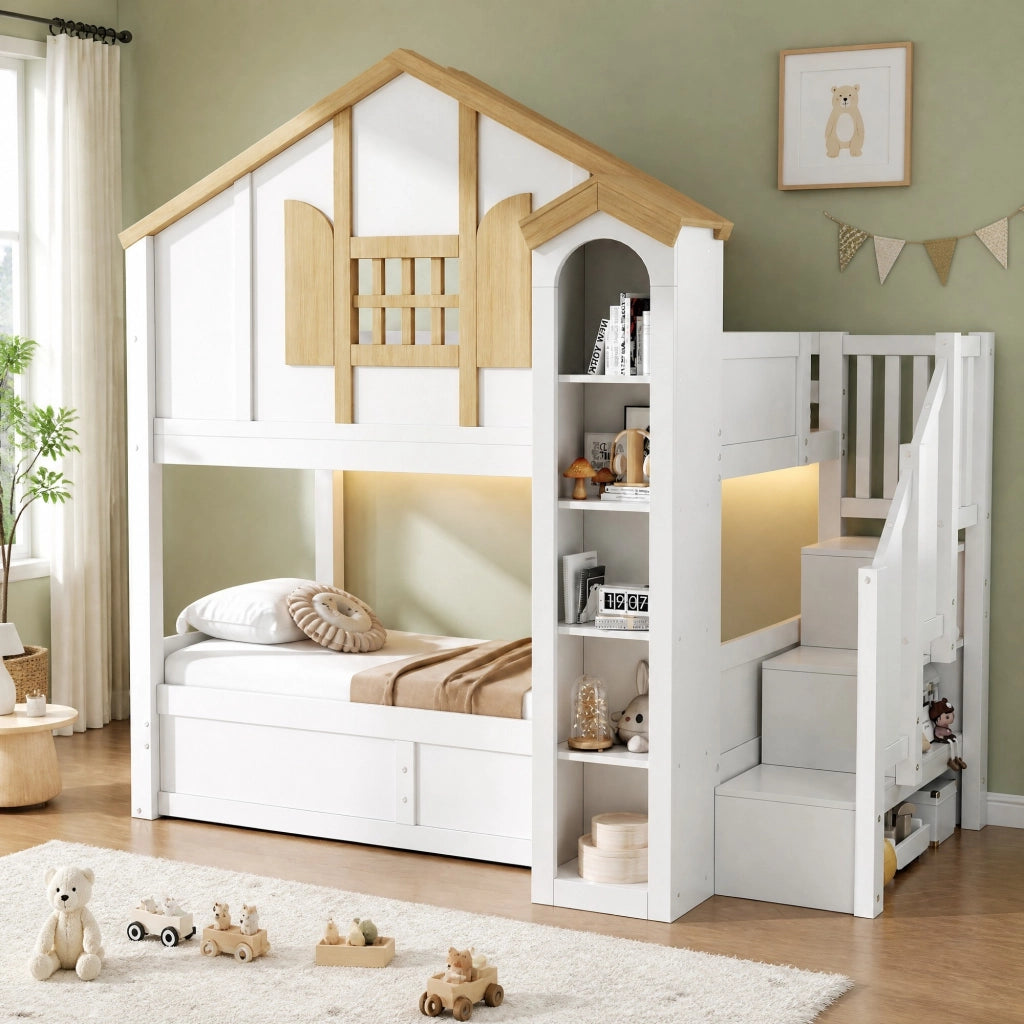 Letto a castello 90x200 cm con LED e scala contenitore