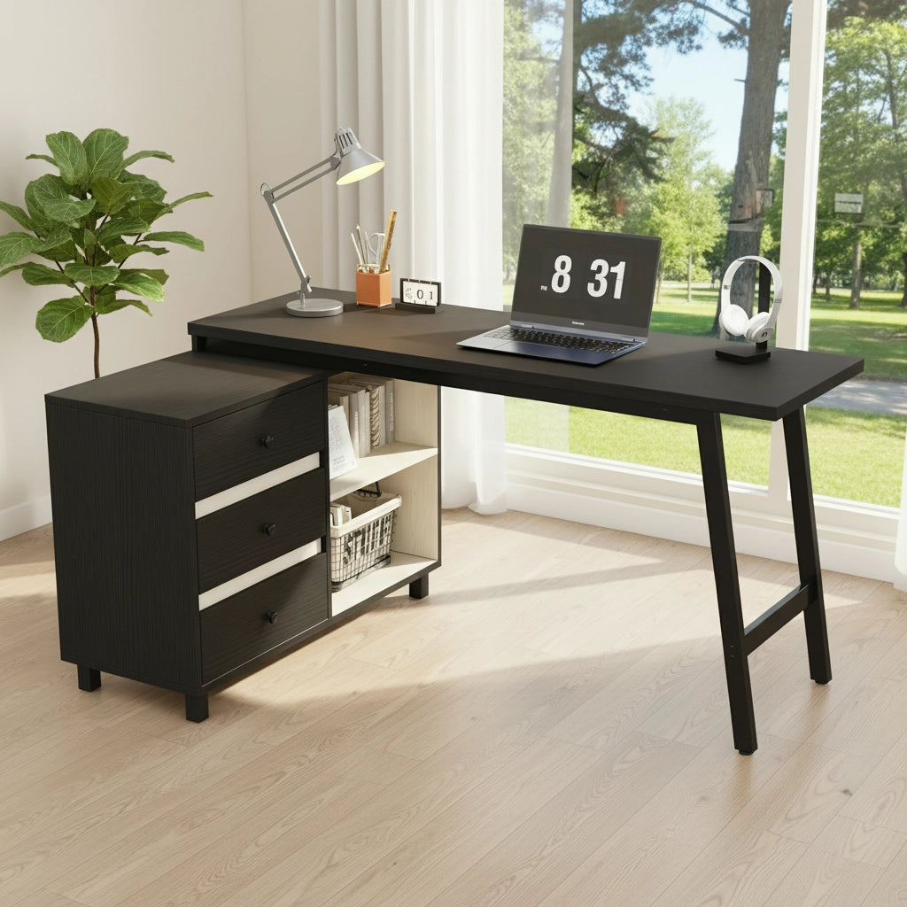 Scrivania ad angolo con 3 cassetti e 2 vani aperti - per studio - in MDF e metallo - 150×100×76 cm - nero