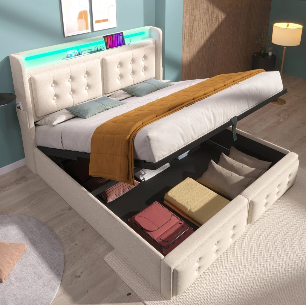 Letto matrimoniale 180x200 cm con contenitore; LED e ricarica USB/Type-C beige HOMVRA