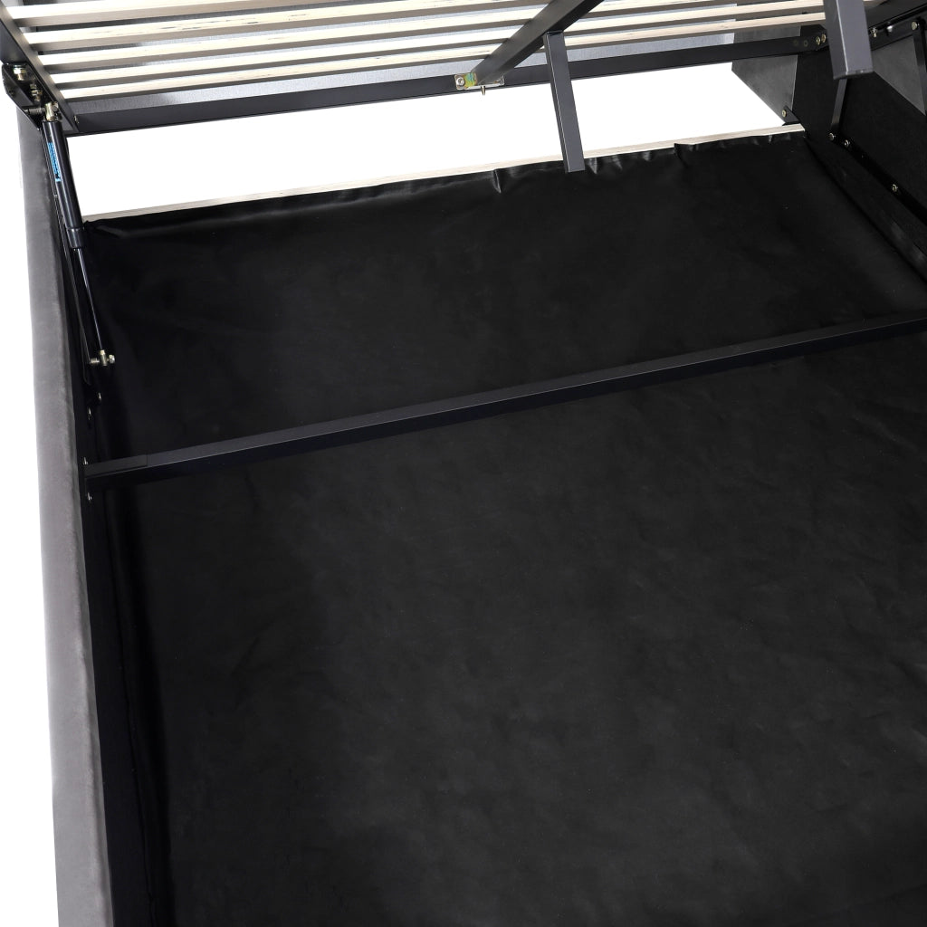 Letto contenitore 140x200 cm in velluto grigio con LED; USB e rete a doghe