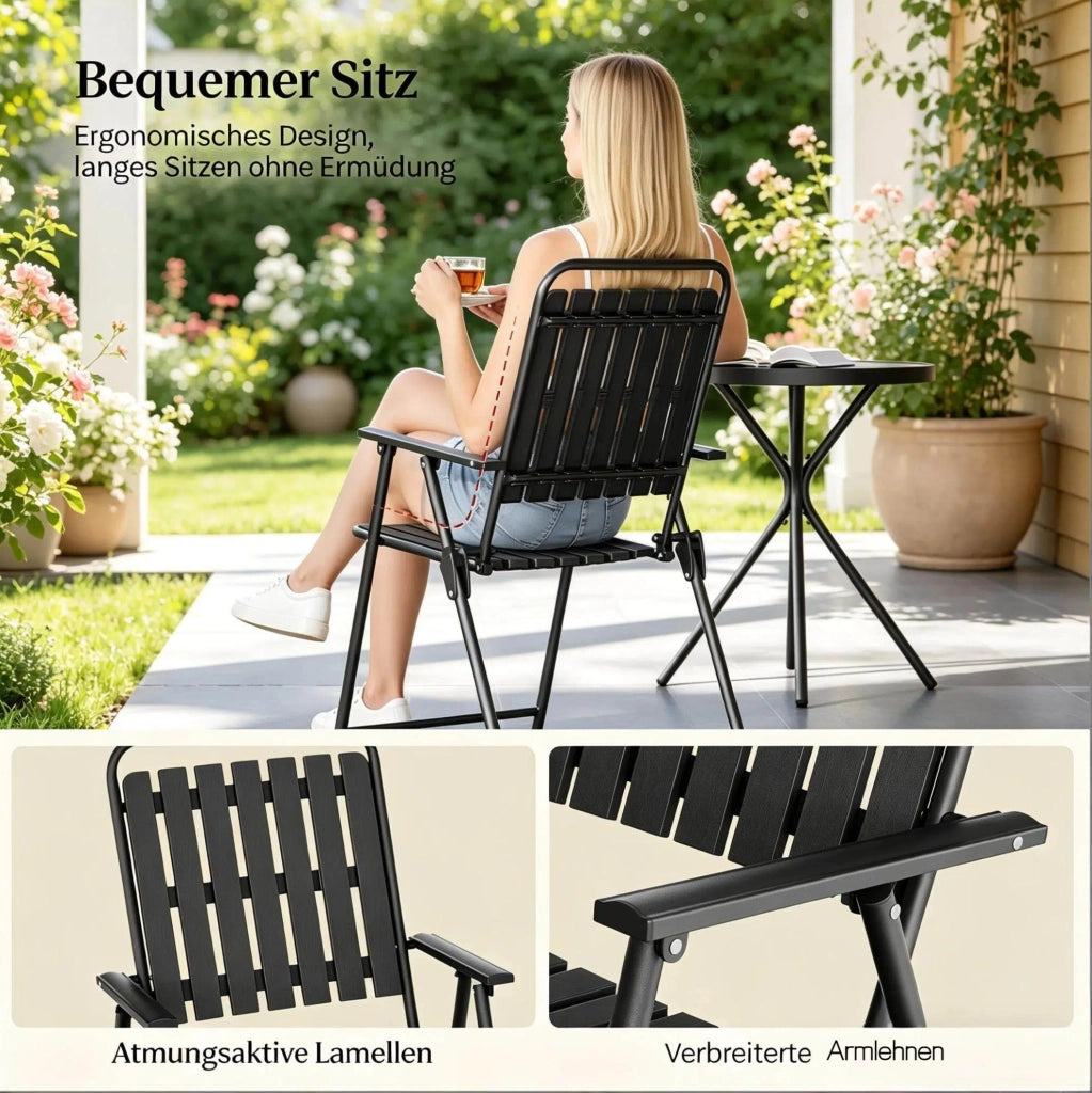 Set Mobili da Giardino 3 Pezzi in Metallo Nero con Tavolo in Vetro Temperato e 2 Sedie Pieghevoli